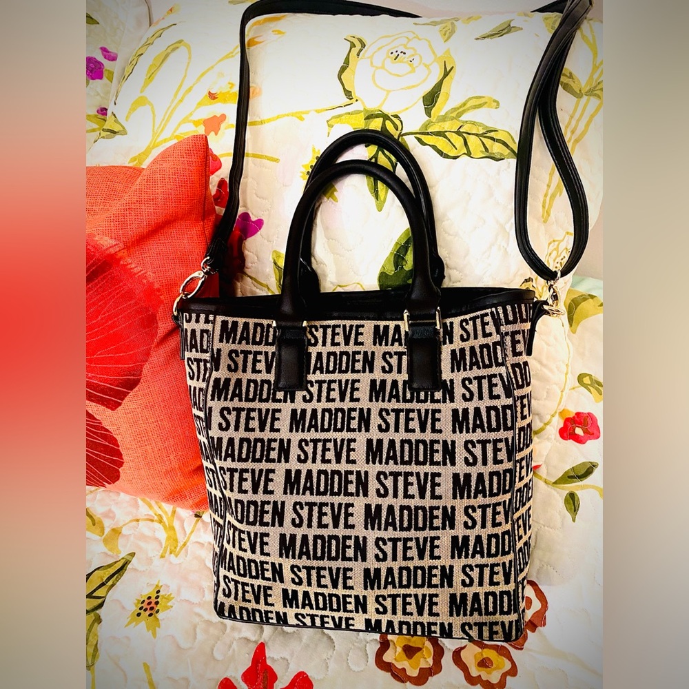 Steve Madden Black and Tan Repeat  Logo Tote Shopper
